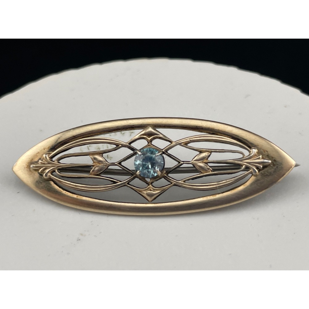 Art Nouveau Deco Transitional Symmetalic Sterling 14k Blue Topaz Brooch Navette